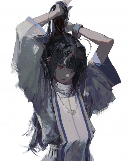黑发红瞳少女束发蓝灰动漫手机壁纸
