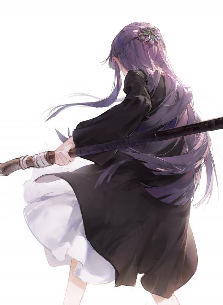 紫发少女持剑回眸淡紫动漫手机壁纸