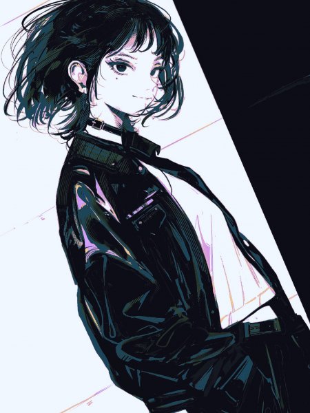 黑发少女皮衣紫蓝调动漫手机壁纸