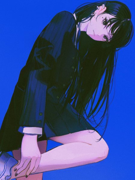 黑发少女低头跪坐蓝紫动漫手机壁纸