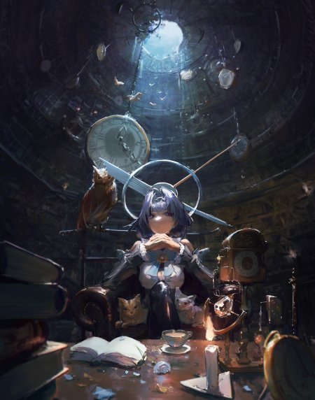 时钟塔少女紫发猫伴暗蓝奇幻手机壁纸