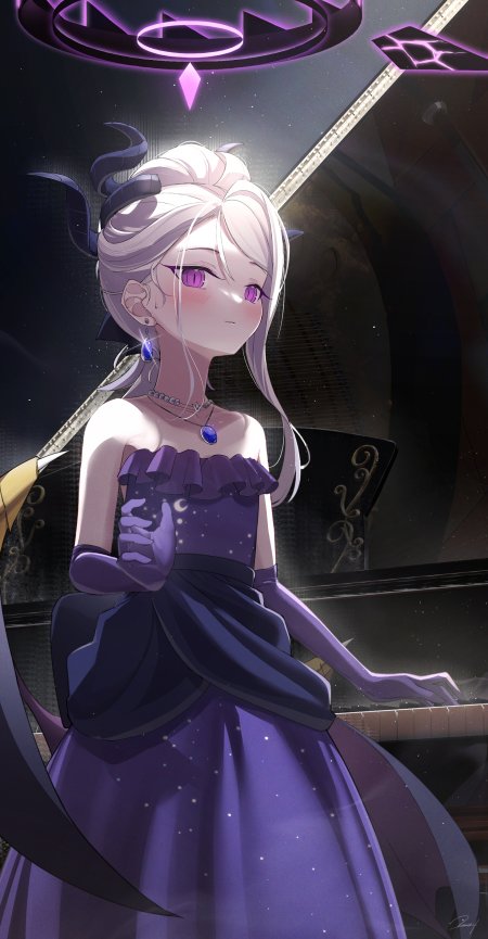 紫发少女钢琴前优雅紫黑动漫手机壁纸