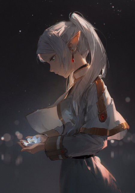 银发精灵少女捧花星空暗紫动漫手机壁纸