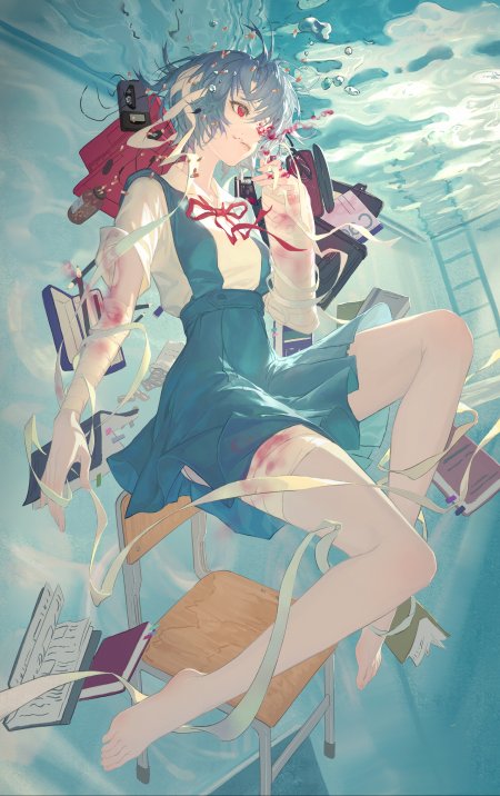 蓝发红眼少女水下漂浮青蓝奇幻动漫手机壁纸