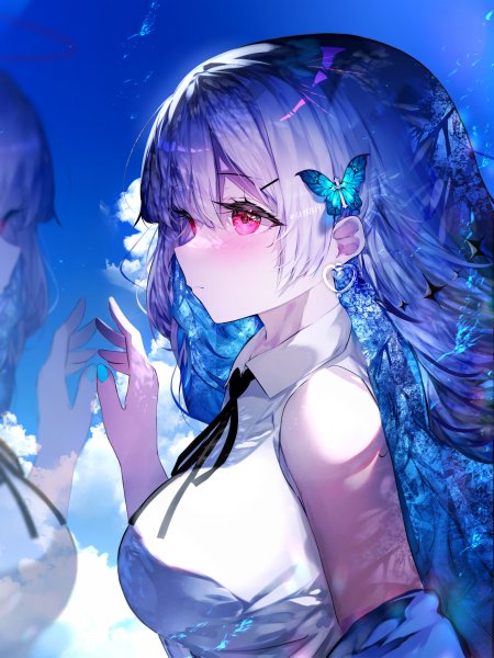 蓝发红瞳少女蝴蝶发饰蓝紫动漫手机壁纸