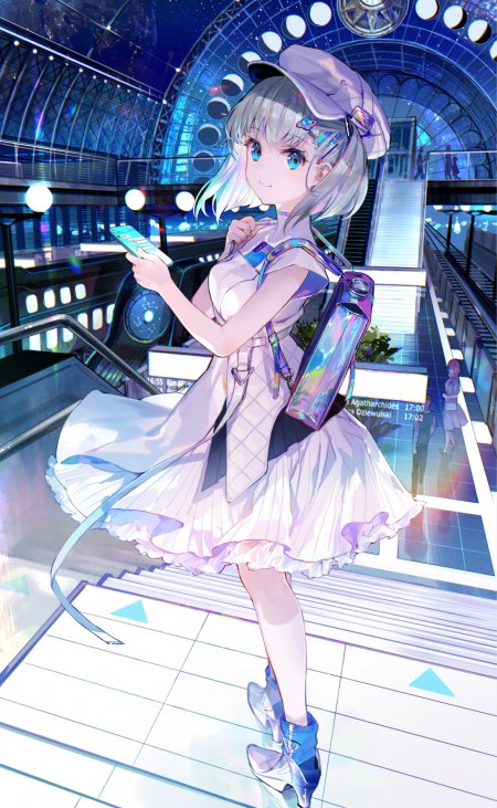 银发蓝瞳少女持手机未来都市动漫手机壁纸