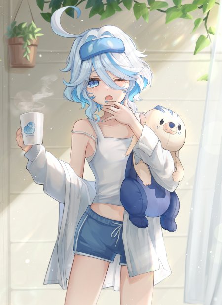 原神芙宁娜蓝发少女手持热饮抱海獭玩偶蓝白动漫手机壁纸