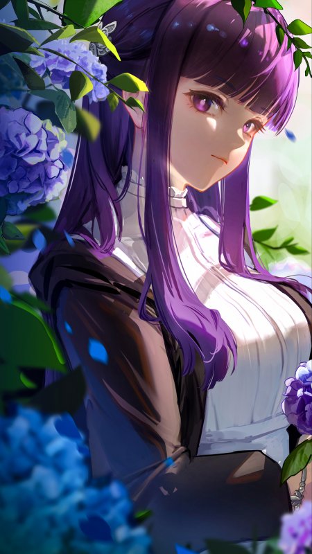 紫发少女绣球花丛中温柔凝视紫蓝动漫手机壁