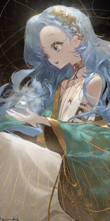 蓝发少女手持光棱金绿奇幻动漫手机壁纸