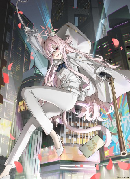 粉色长发猫耳少女持杖跃起霓虹都市动漫手机