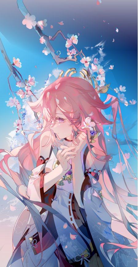原神八重神子樱花飞舞粉蓝动漫手机壁纸