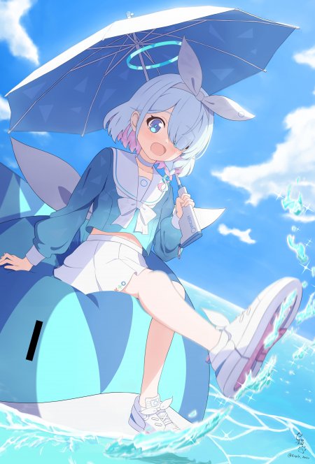 蔚蓝天空少女撑伞跃水蓝白动漫手机壁纸