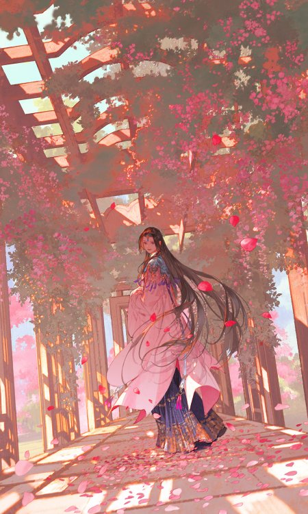 古风少女长发飘逸粉紫唯美动漫手机壁纸