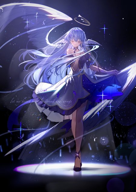 蓝发天使少女展翼星光紫蓝动漫手机壁纸