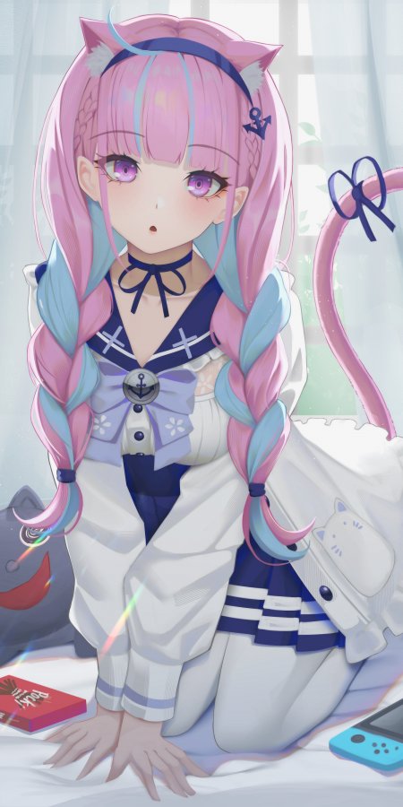 粉蓝双马尾猫耳少女水手服紫瞳动漫手机壁纸
