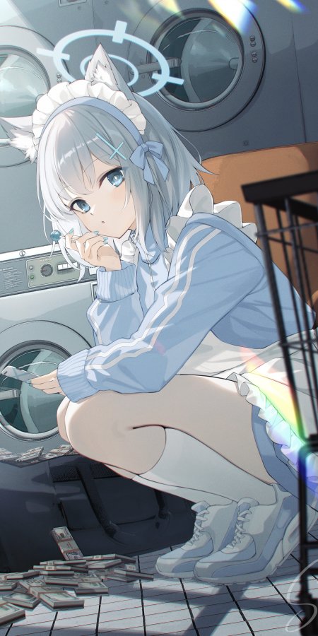 银发猫耳少女蹲坐洗衣房蓝白动漫手机壁纸