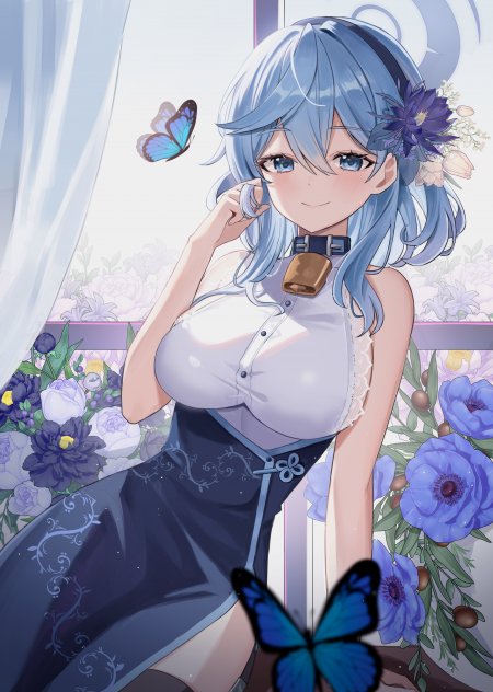 蓝发少女花丛蝴蝶紫白动漫手机壁纸