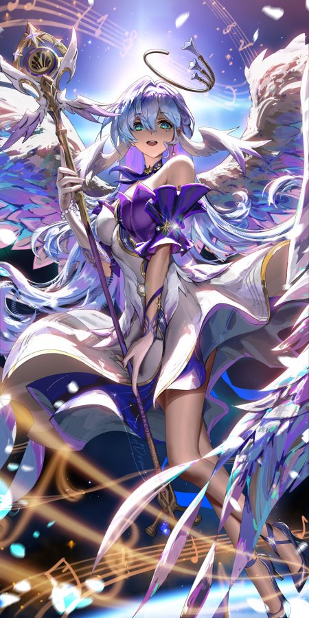 紫发天使少女持杖展翼紫蓝奇幻动漫手机壁纸