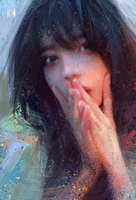 黑发少女指尖轻触脸颊粉紫梦幻人物插画手机壁纸