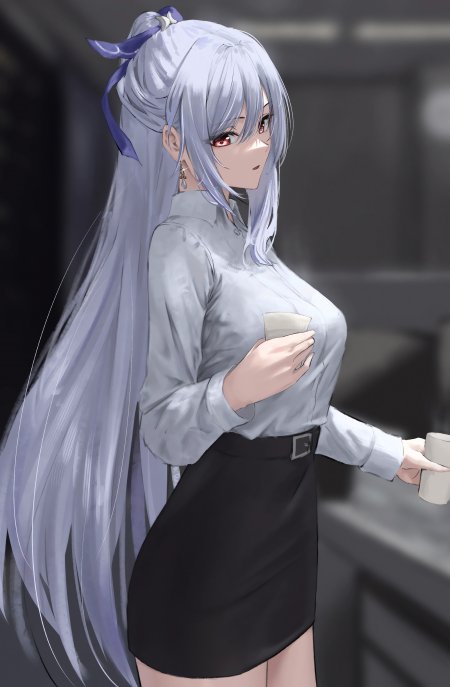 银发红瞳少女持杯侧身灰黑动漫手机壁纸