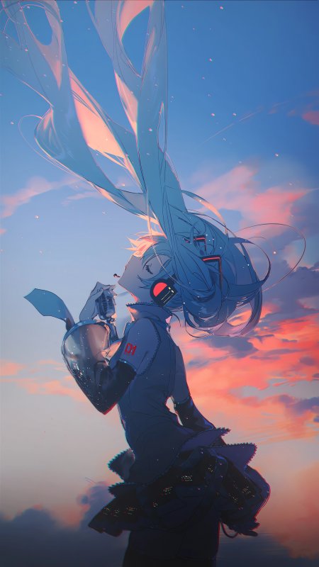 初音未来双马尾仰望星空蓝粉动漫手机壁纸