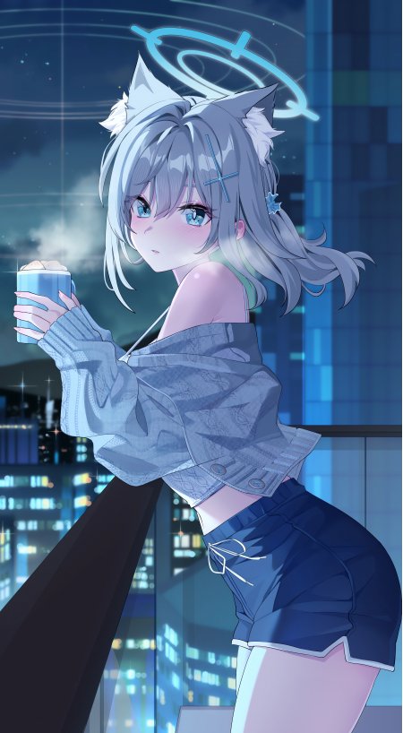 银发猫耳少女夜景蓝光动漫手机壁纸