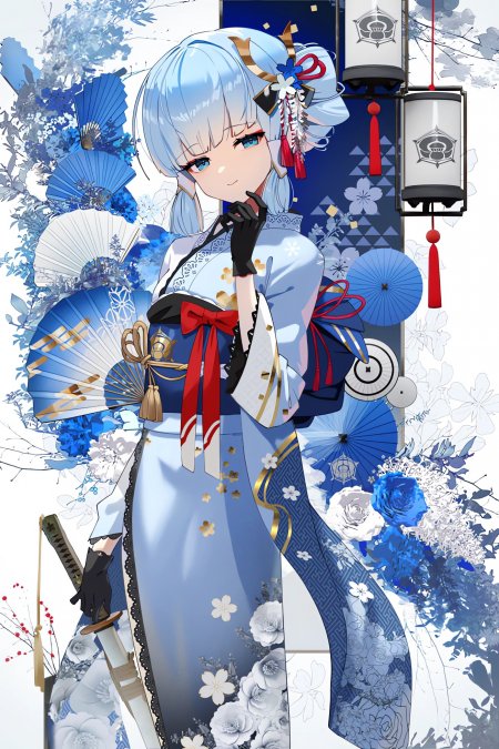 蓝发少女和风服饰红蓝白古风动漫手机壁纸
