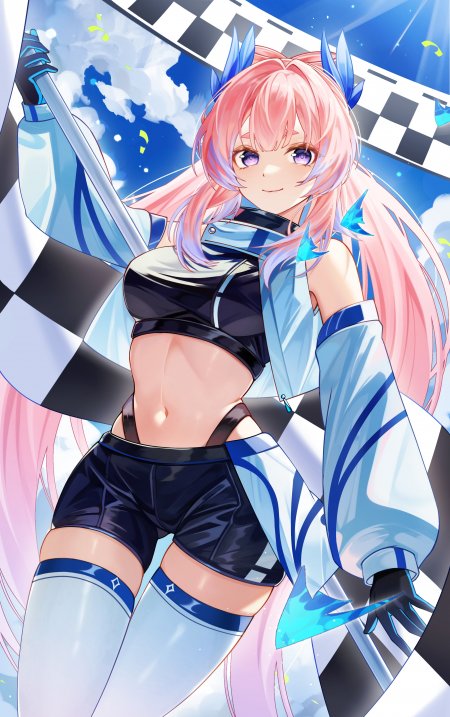 粉色长发蓝角少女持旗蓝白动漫手机壁纸