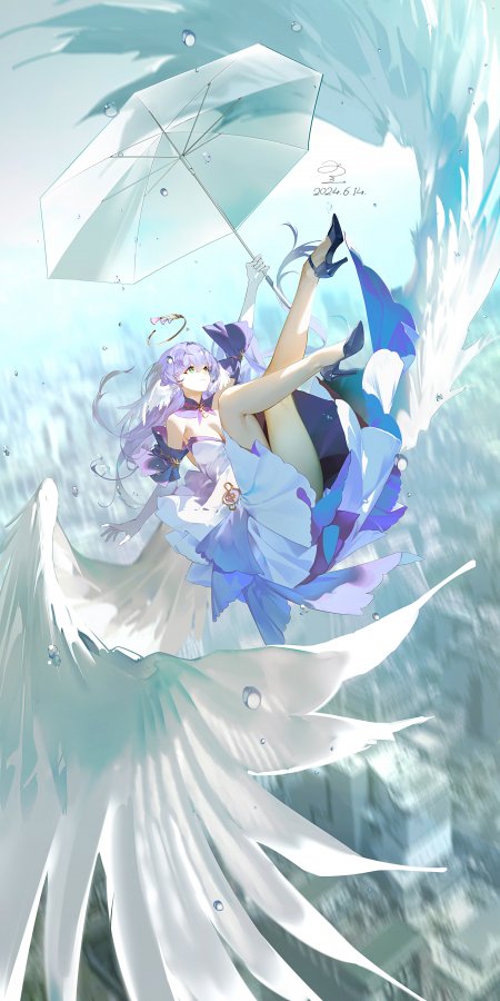 紫发少女持伞飞舞蓝白梦幻动漫手机壁纸