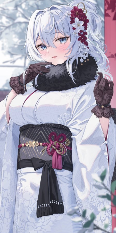银发少女和风服饰红花装饰粉紫动漫手机壁纸