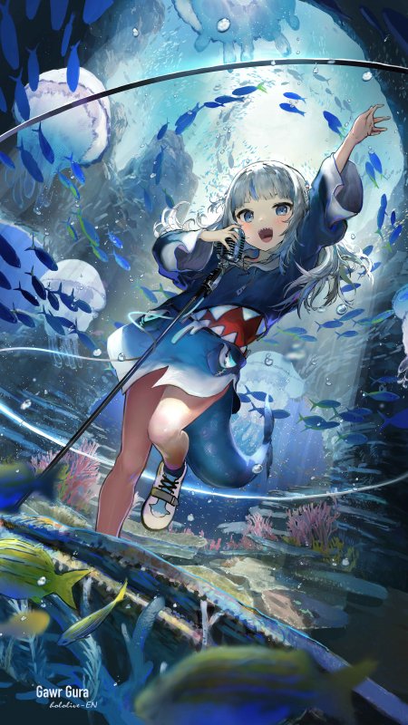 GawrGura水族馆潜水银发少女蓝白动漫手机壁纸