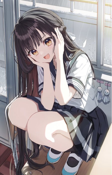 雨中少女水手服托腮微笑暖灰动漫手机壁纸