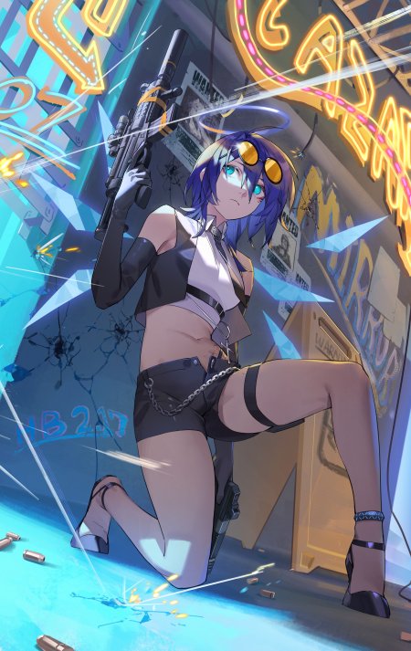 赛博朋克紫发少女持枪跪姿蓝霓虹动漫手机壁