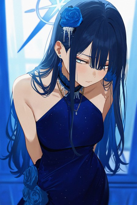 蓝发少女蓝玫瑰装饰深蓝礼服动漫手机壁纸
