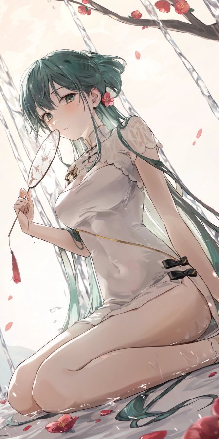 绿发少女持扇跪坐粉白古风动漫手机壁纸