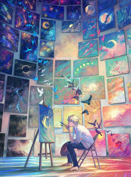 金发少年绘画星空画墙梦幻紫蓝奇幻手机壁纸