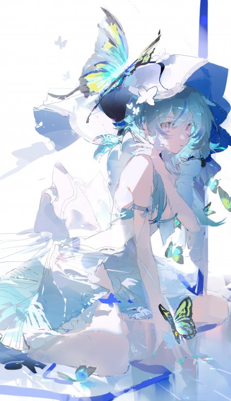 蓝发少女蝴蝶环绕蓝白梦幻动漫手机壁纸
