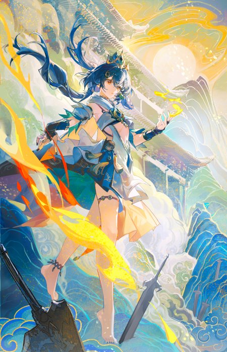 原神珊瑚宫心海蓝发少女持焰古风奇幻手机壁