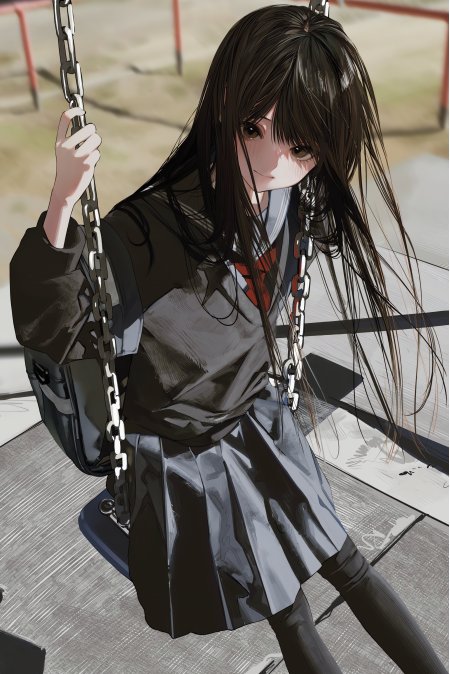 黑长直少女秋千微笑灰黑动漫手机壁纸