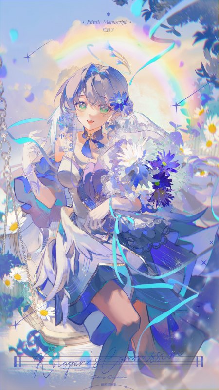 蓝发绿眼少女持花坐秋千梦幻蓝紫动漫手机壁
