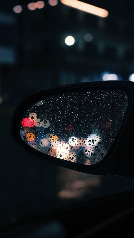 雨夜车窗后视镜霓虹光斑暗蓝城市建筑手机壁