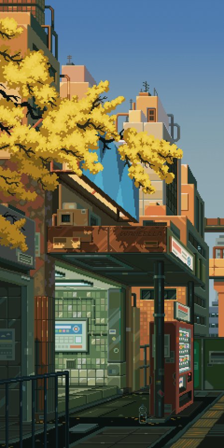 像素风城市街景黄叶蓝空复古建筑手机壁纸