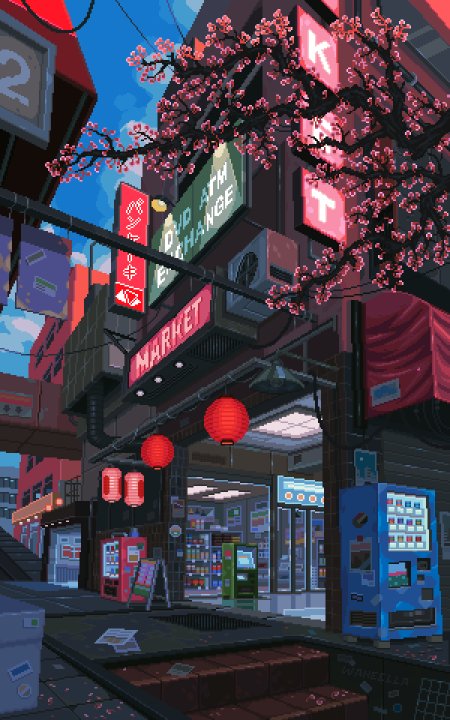 像素风樱花街市霓虹红蓝城市建筑插画手机壁纸