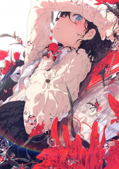 黑发少女捧红花水珠晶莹粉红动漫手机壁纸