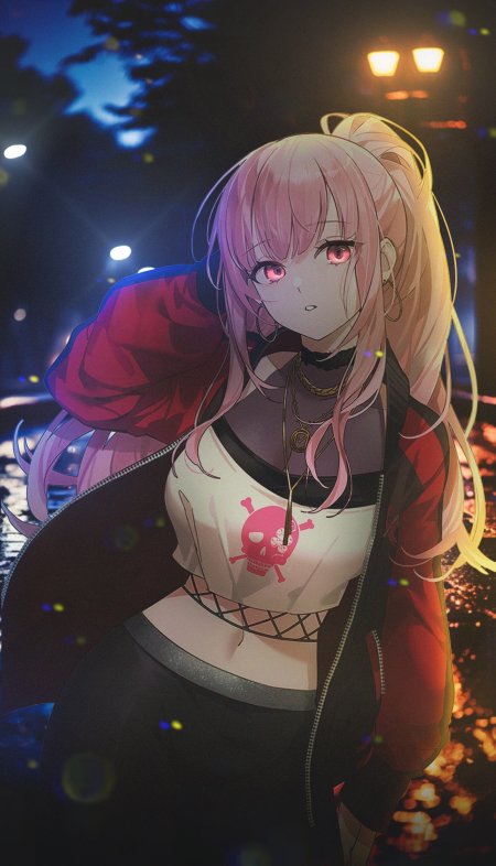 粉发红瞳少女夜景霓虹动漫手机壁纸