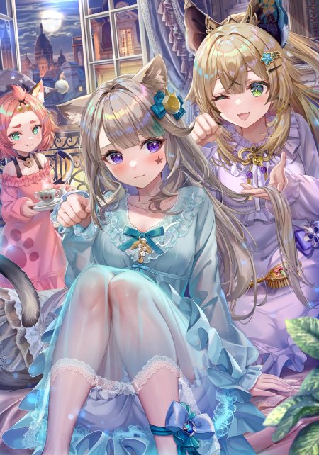 猫耳少女茶会时光蓝紫梦幻动漫手机壁纸