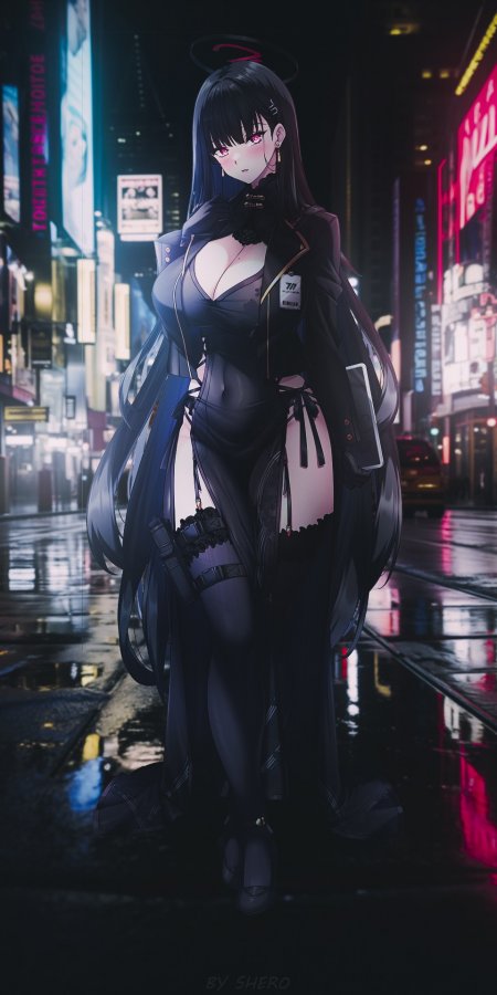 黑长直少女霓虹夜街紫红动漫手机壁纸