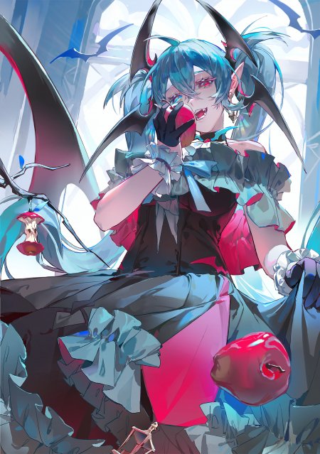 蓝发恶魔少女持红苹果暗黑奇幻动漫手机壁纸