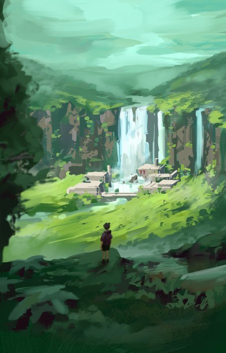 瀑布山谷小屋少年绿意盎然风景插画手机壁纸