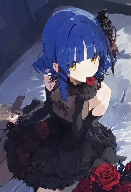 蓝发金瞳少女黑裙红玫瑰暗紫动漫手机壁纸